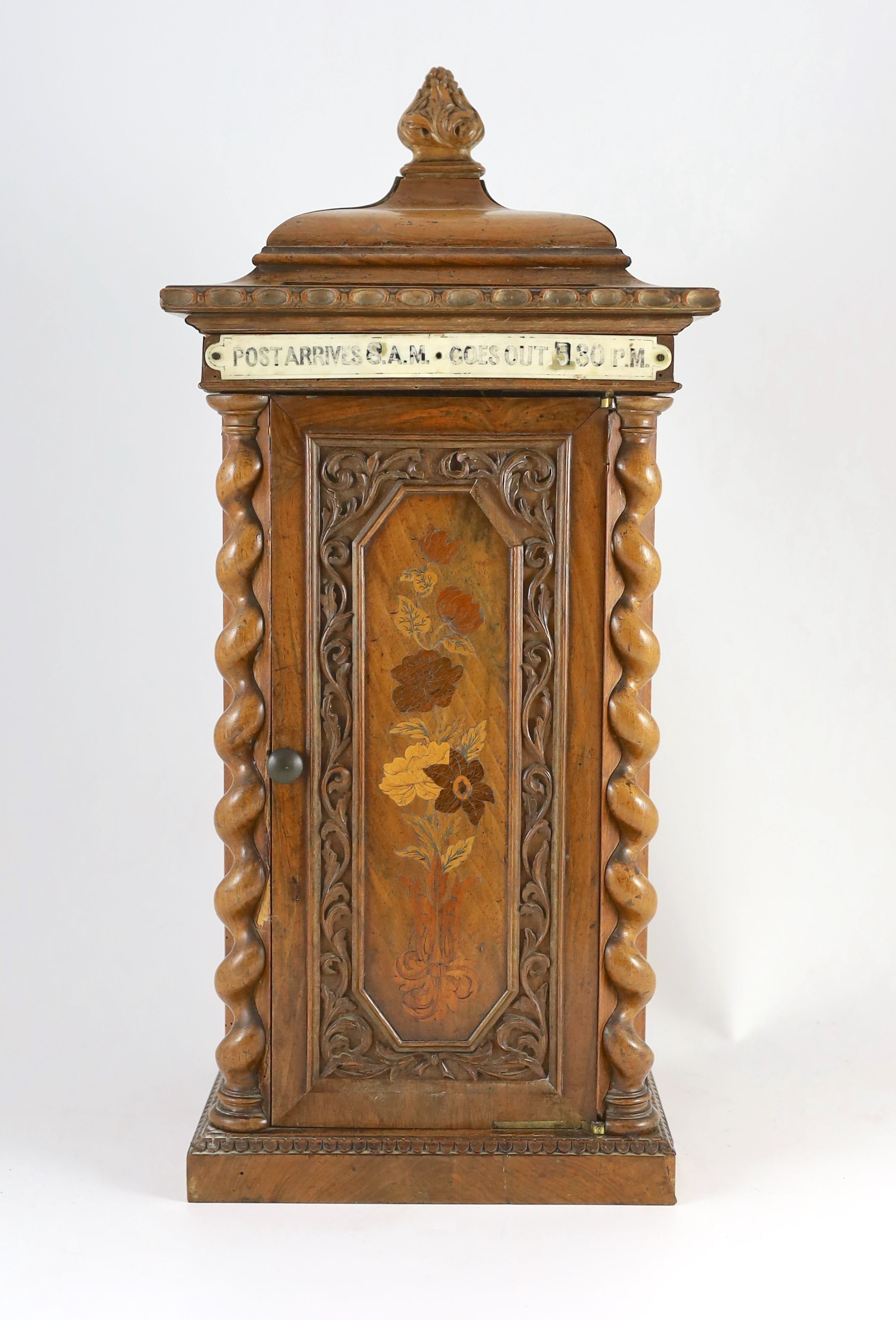 A mid 19th century French marquetry inlaid walnut country house post box, width 26cm depth 24cm height 56cm